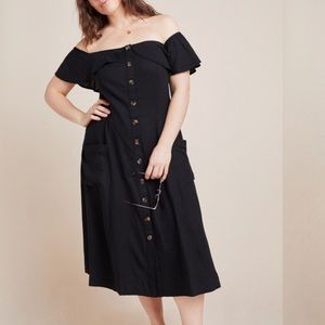 Anthropologie black off the shoulder big pockets button front midi dress 24